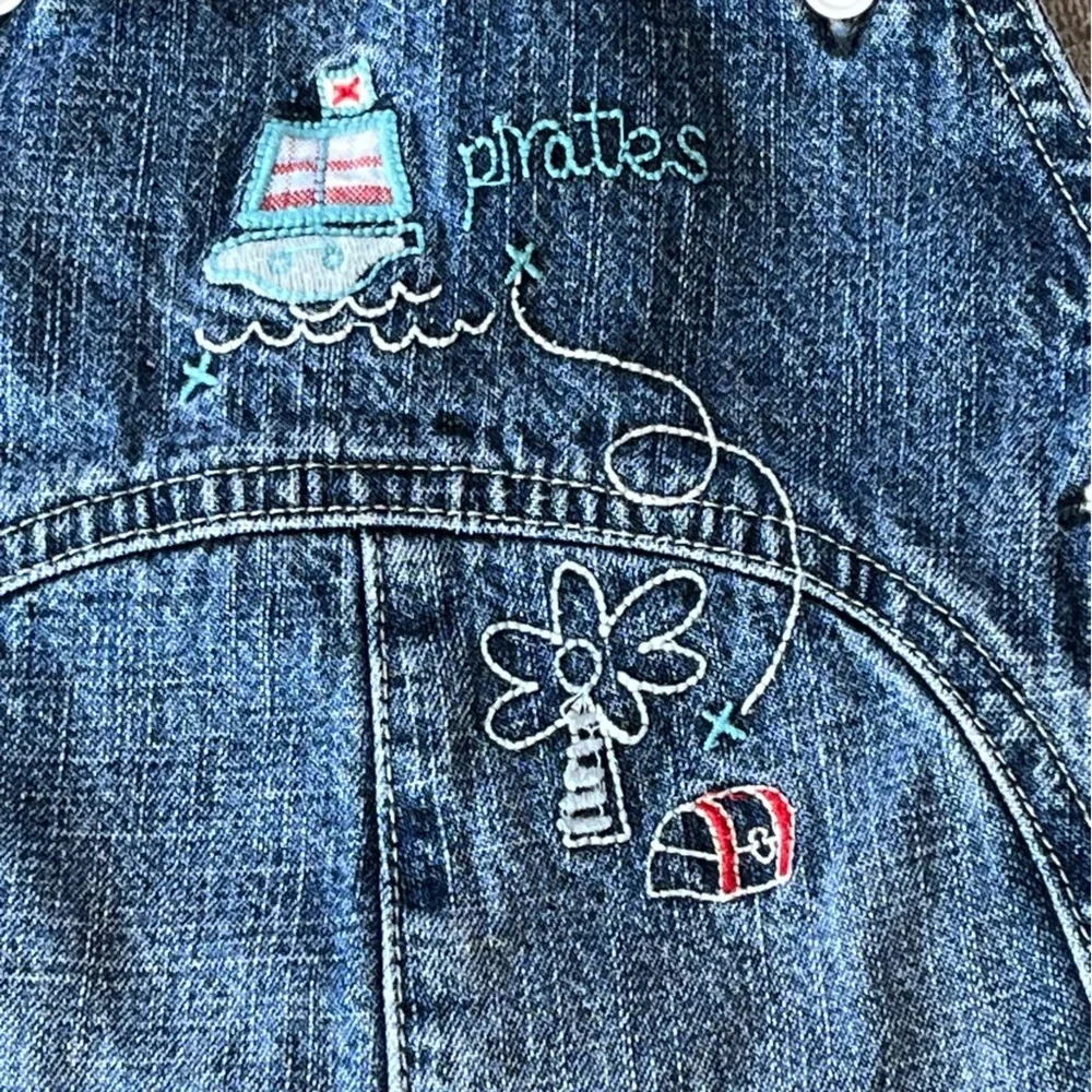 Vintage Laura Ashley 18M Blue Denim Boys Overalls Jean Shorts Pirate Ship Cotton